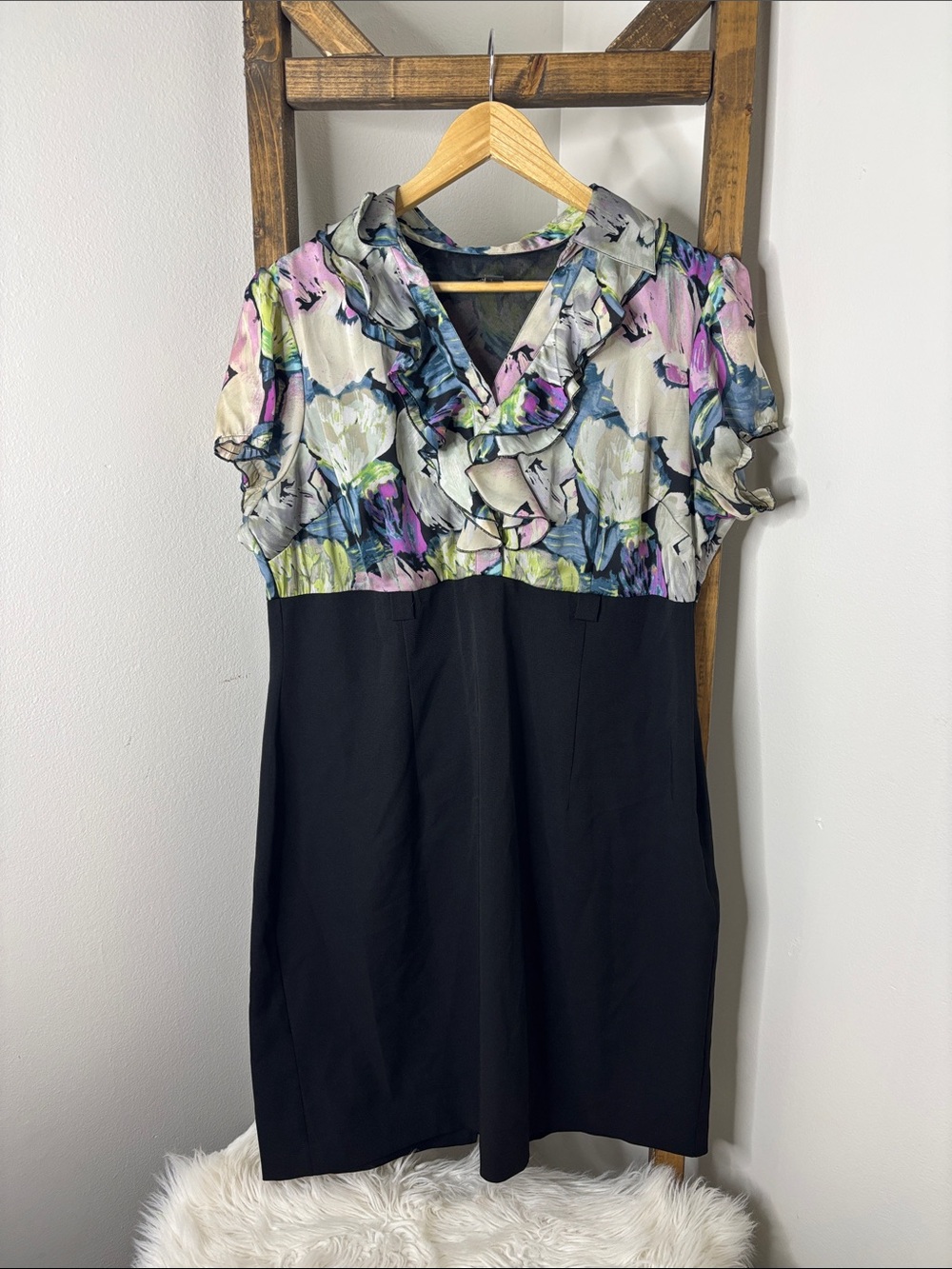 Voir Voir Black Midi Dress with Pastel Floral Ruffle Bodice Size M
